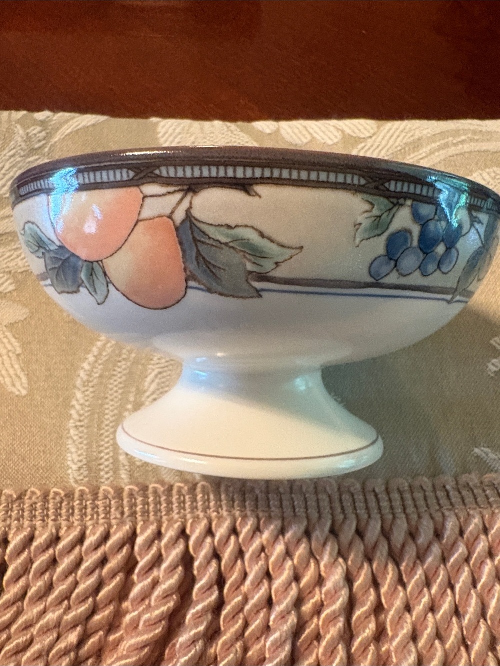 Vintage White Ceramic Bowl with Red Cherry and Blue Leaf Motif H 3” W 5”